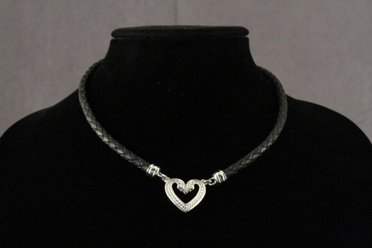 Modern Costume Jewelry Black Leather Braided Silver Tone Heart Pendant Necklace