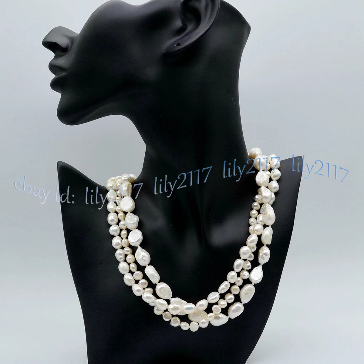 3 Rows Genuine Natural White Freshwater Baroque Pearl Beads Necklace 18” 7-11mm