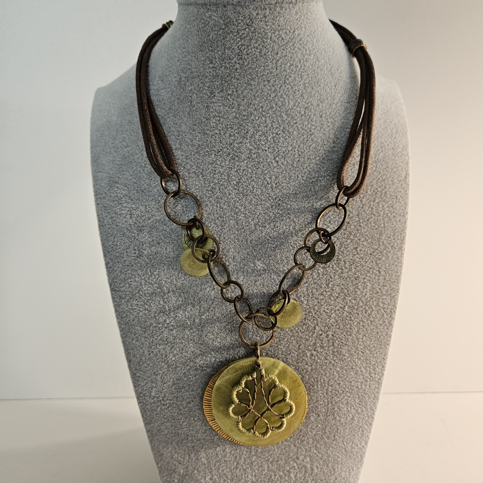 Coldwater Creek 17-19 Inch Green Brown Disc Metal & Cord Adjustable Necklace