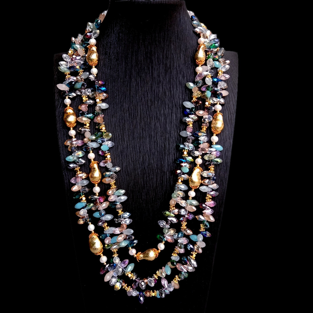 3 Strands Cultured White Pearl Multi Color Crystal Statement Necklace