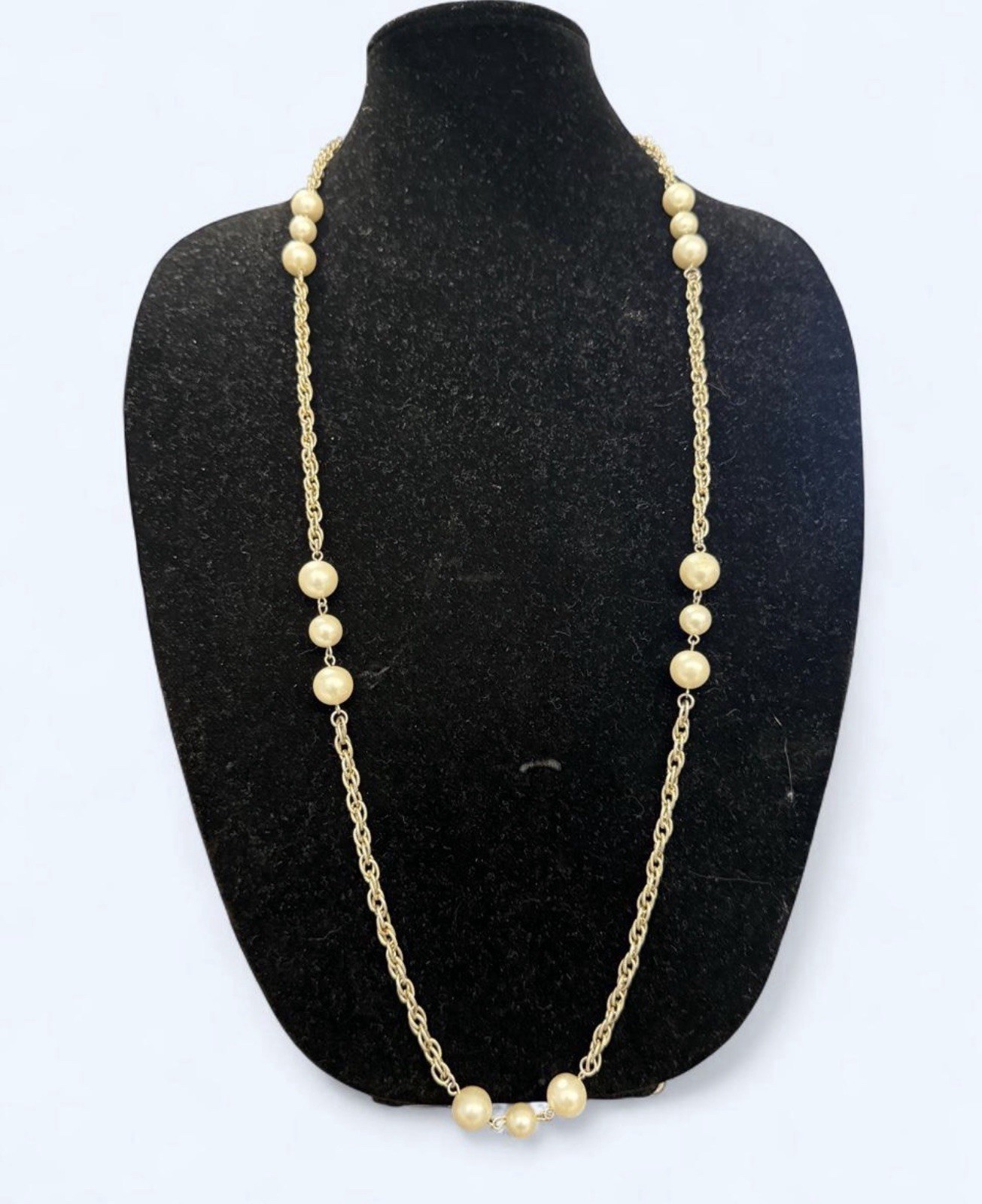 Gold Tone Cable Chain Station Necklace w/ Cream Round Imitation Pearl Beads