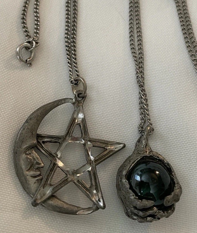2 Spiritual Necklaces*Quarter Moon/Pentagram*Hands Holding Shimmery Glass Ball