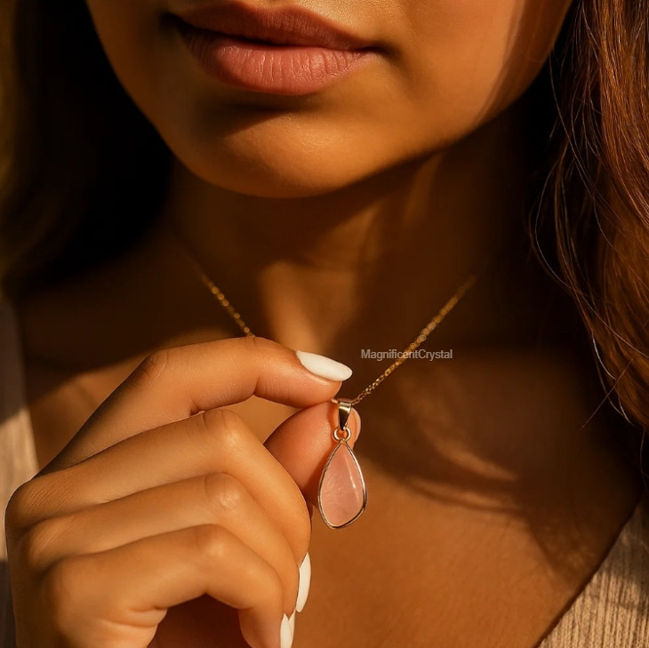 Minimalist Rose Quartz Teardrop Pendant Necklace Dainty Women Stone Jewelry