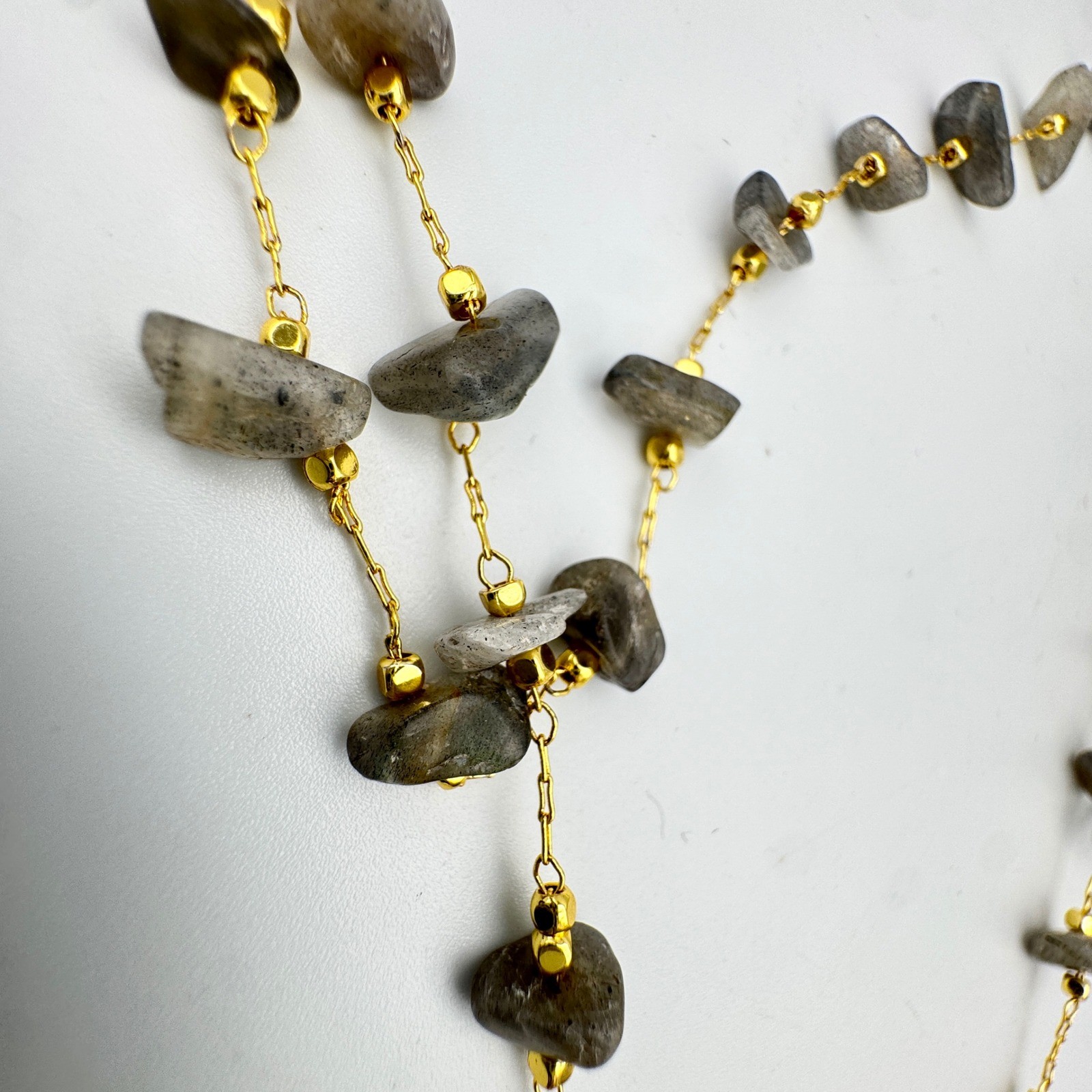 Large Bubble Heart Pendant Necklace Gold Tone Grey Labradorite Stone