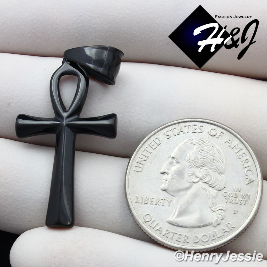 16-30″MEN Stainless Steel 2mm Black Plated Box Chain Ankh Key Cross Pendant*B112