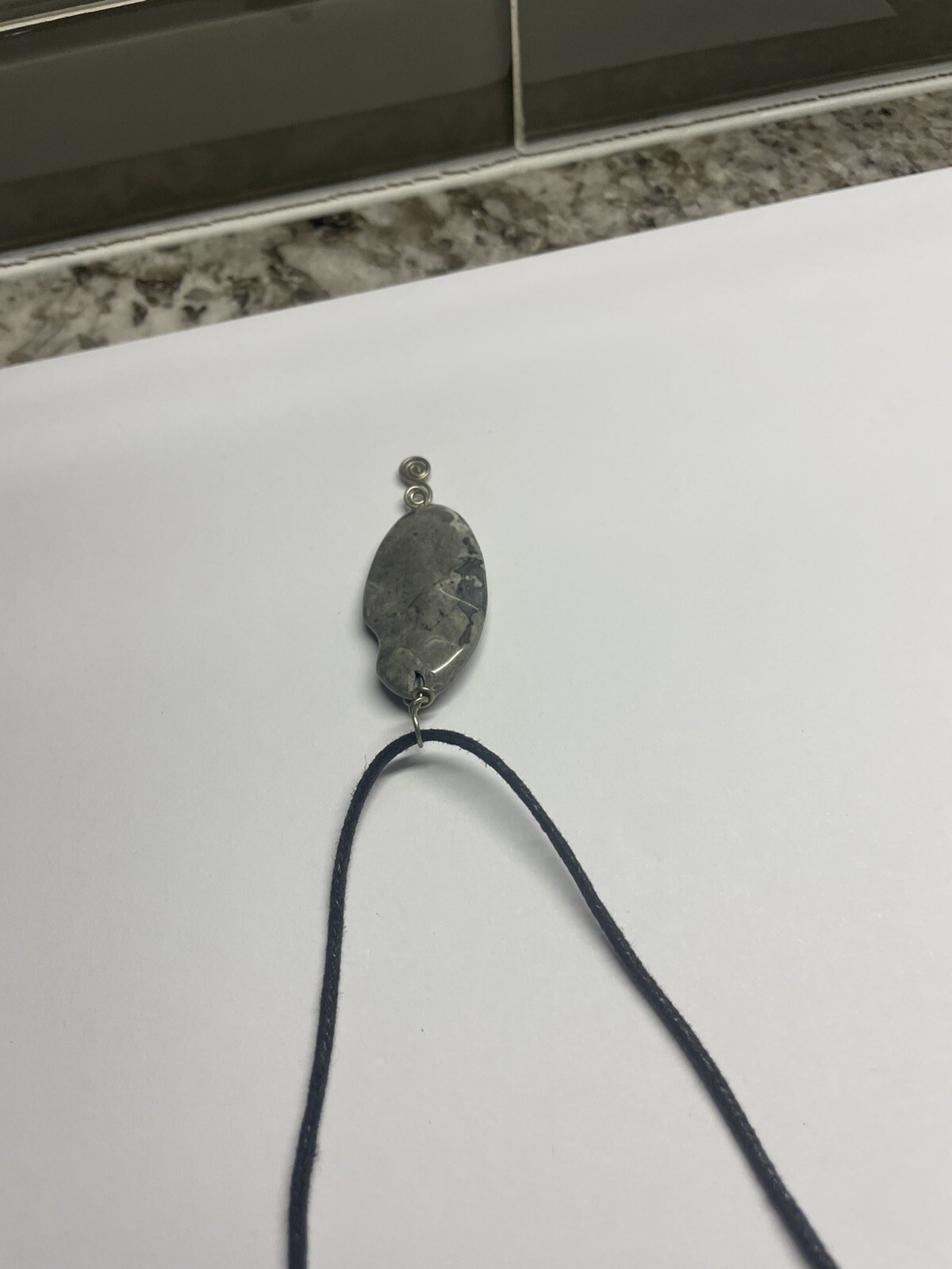 Women’s Grey Natural Stone Pendant / Black Cord Costume Necklace