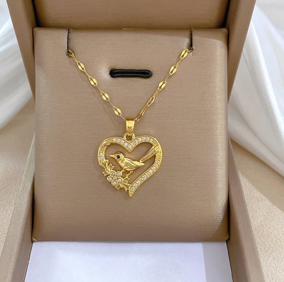 1pc Heart Zirconia Necklace Gold Color Stainless Steel O-Chain – NEW