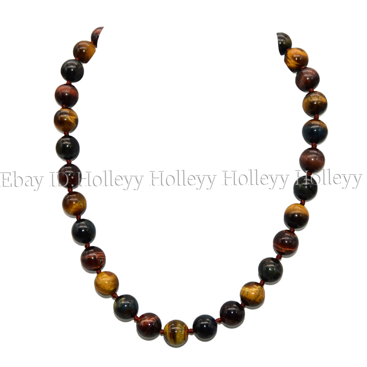 12mm Round Genuine Natural Multicolor Tiger’s Eye Gemstone Beaded Necklace 24”