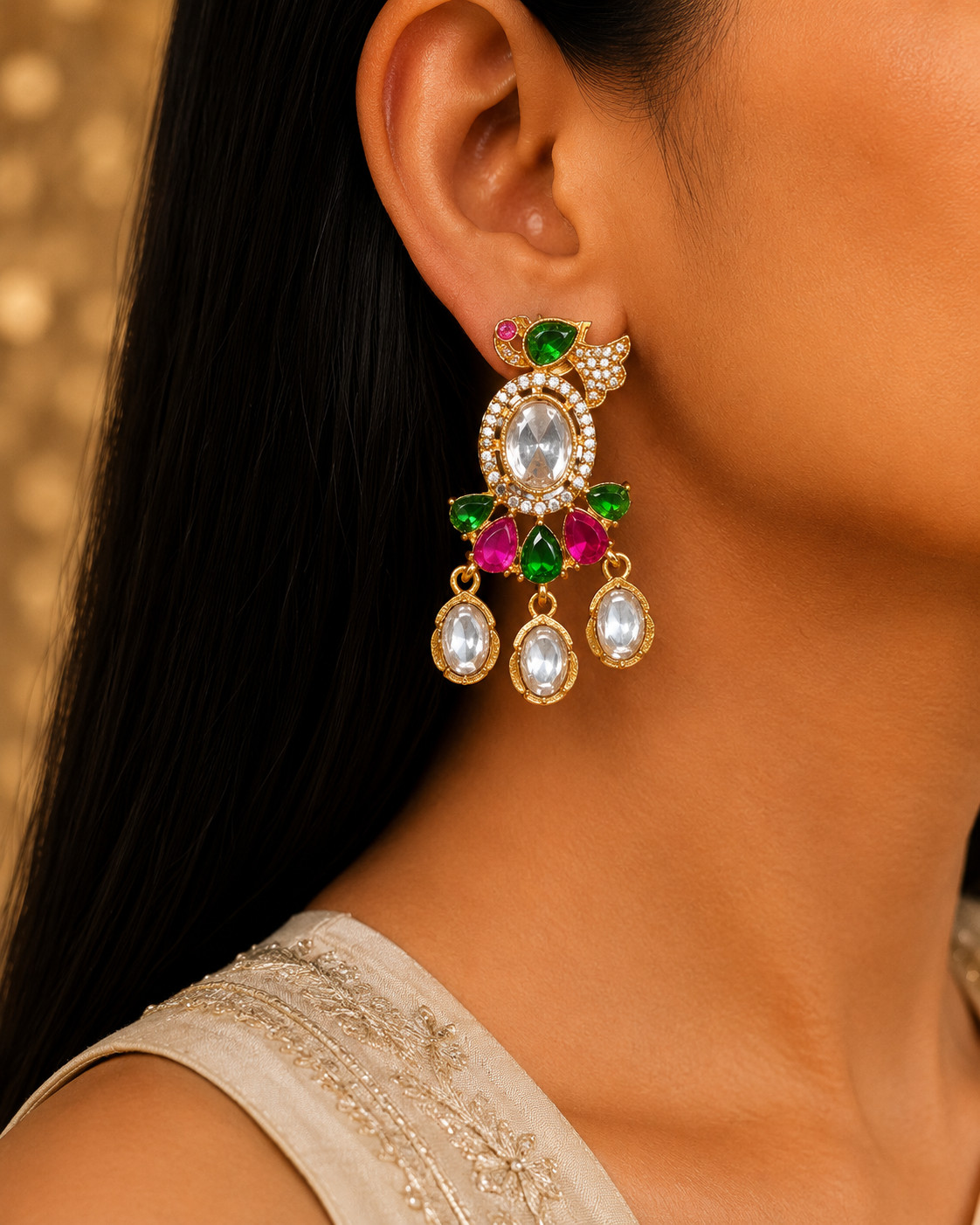 Dana Emerald Ruby Studded Multi Strand Pearl Kundan Choker Set Roz Jewellers.
