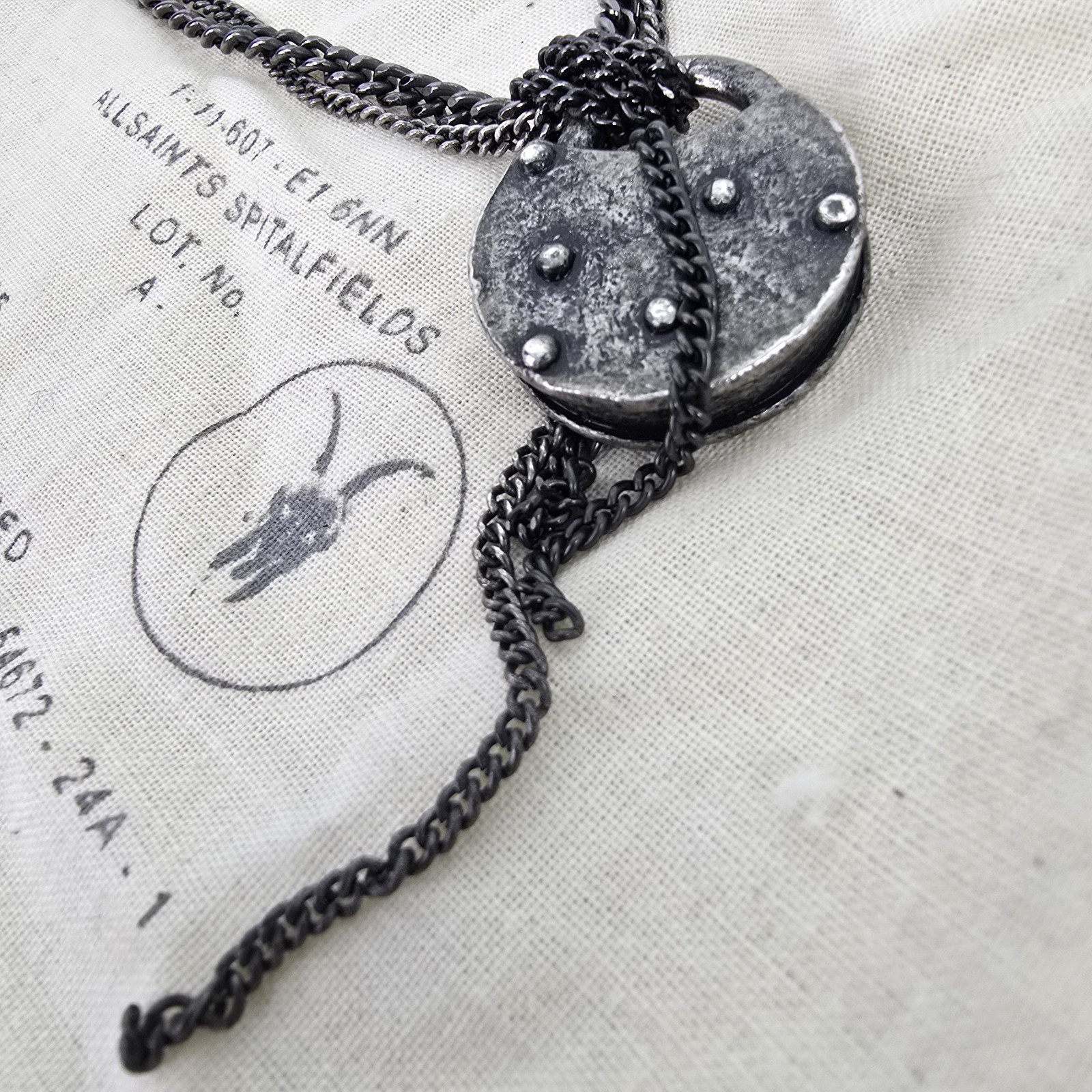 ALL SAINTS WOMENS VINTAGE DISTRESSED PADLOCK NECKLACE BLACK GREY LOCKET RARE