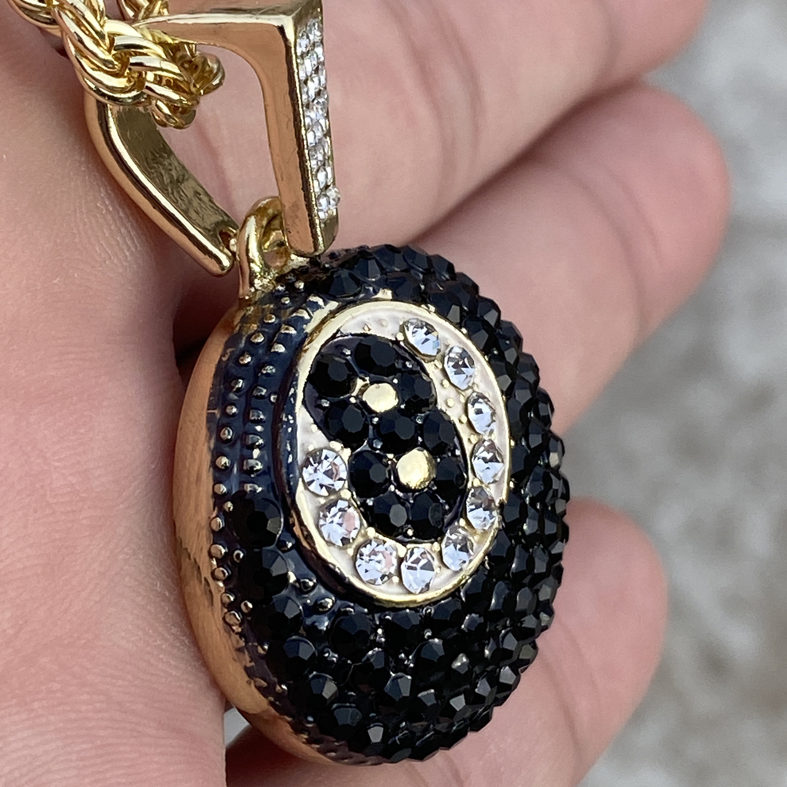 14k Gold Plated Black 8 Eight Ball Rope Chain Pool Simulated CZ Necklace 24″ in