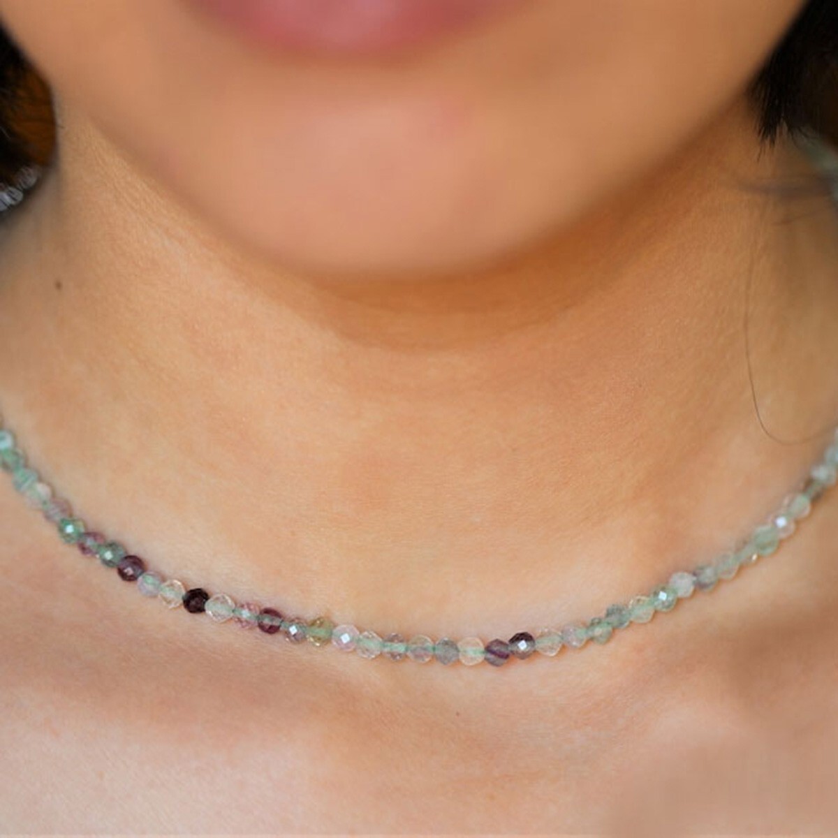 Natural Rainbow Fluorite Choker 2mm Crystal Gemstone Bead Dainty Choker Necklace
