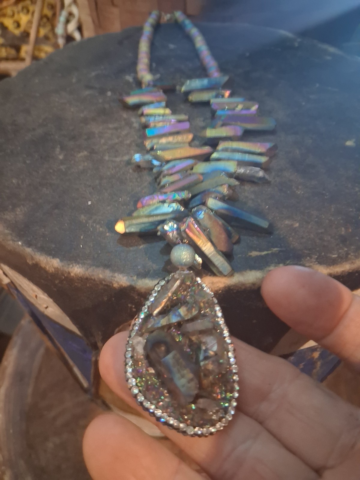 **EXCELLENT RAINBOW TITANIUM QUARTZ CRYSTAL NECKLACE & PENDANT NICE!!*