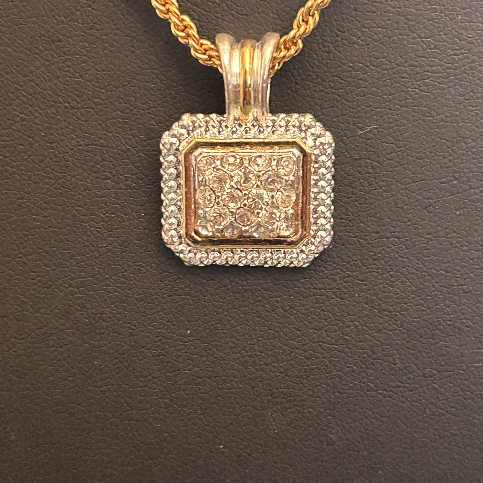 Avon Gold Plated Square Pavé Rhinestone Pendant Rope Chain Necklace, Signed