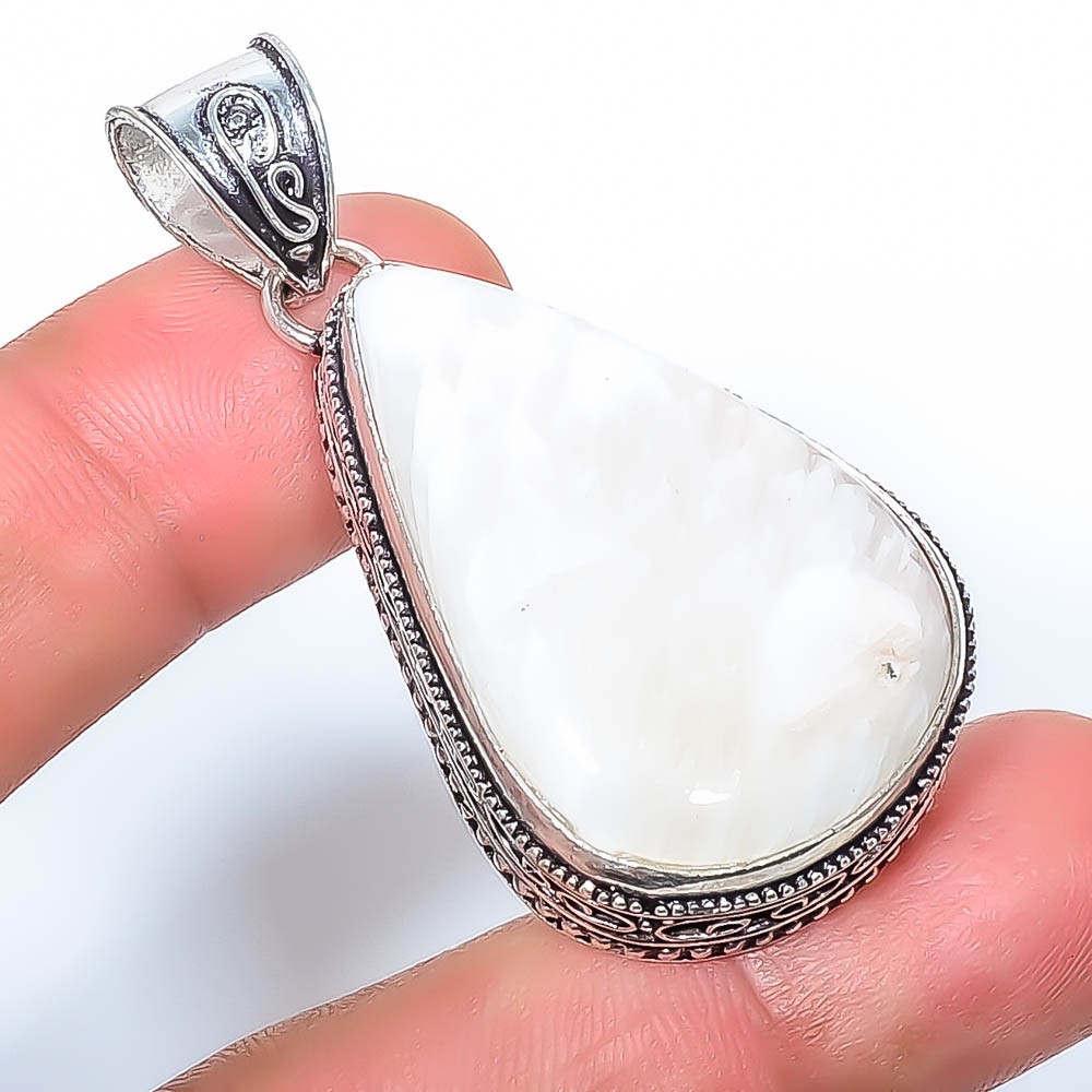 Natural White Scolecite – India 925 Silver Plated Fine Art Pendant 2.11″ T8640