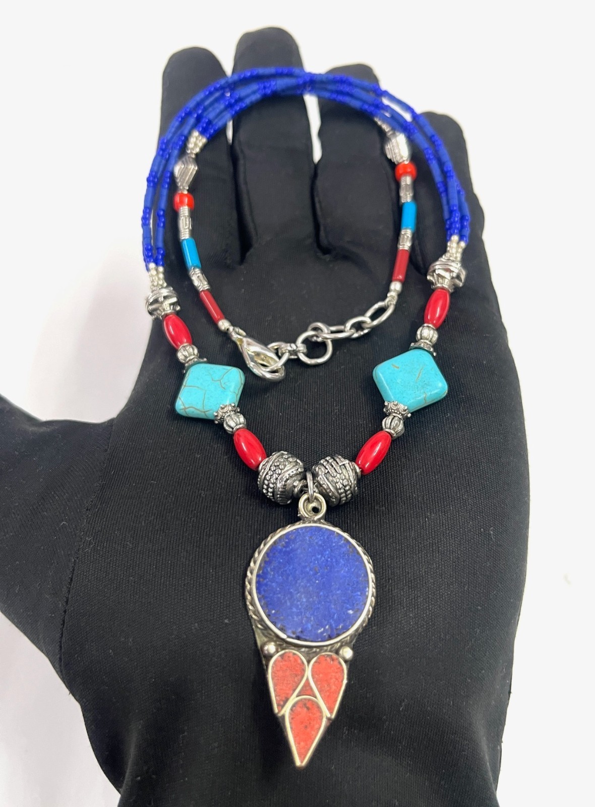 Lapis Turquoise Coral Gemstone Tibetan Traditional Necklace Jewelry, 18 Inc Adjs