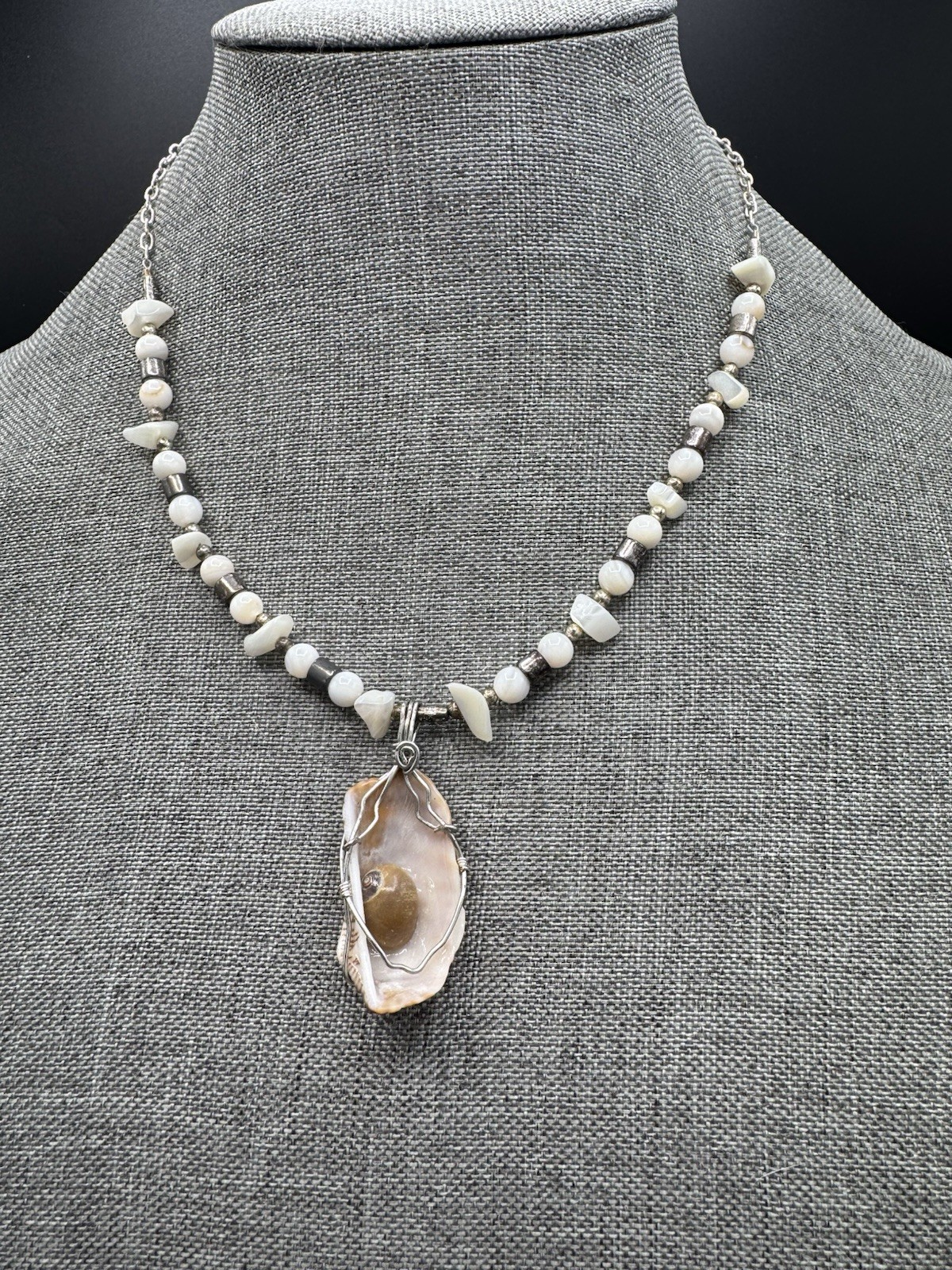 Shell Pendant Necklace Reversible Natural Shell Bead Boho Coastal 18.5”