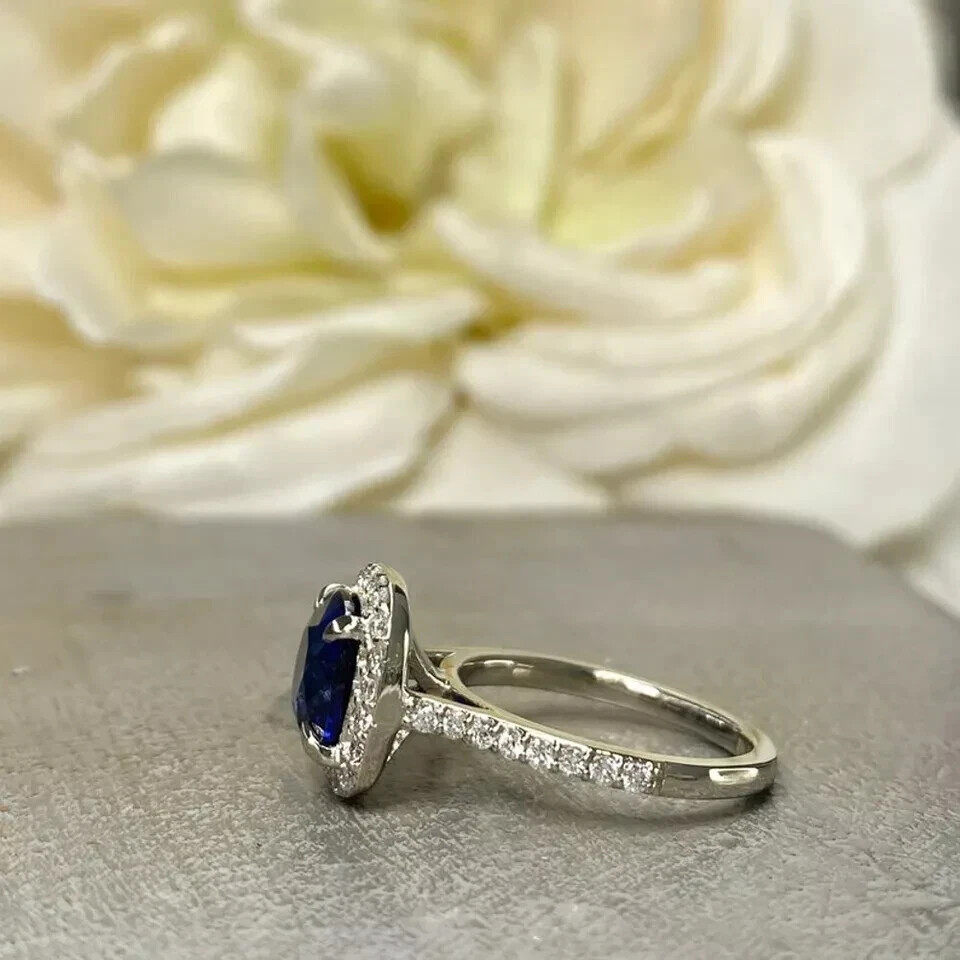 2.40 Ct Natural Blue Sapphire Diamond Engagement Ring 14K White Gold Size 8.5