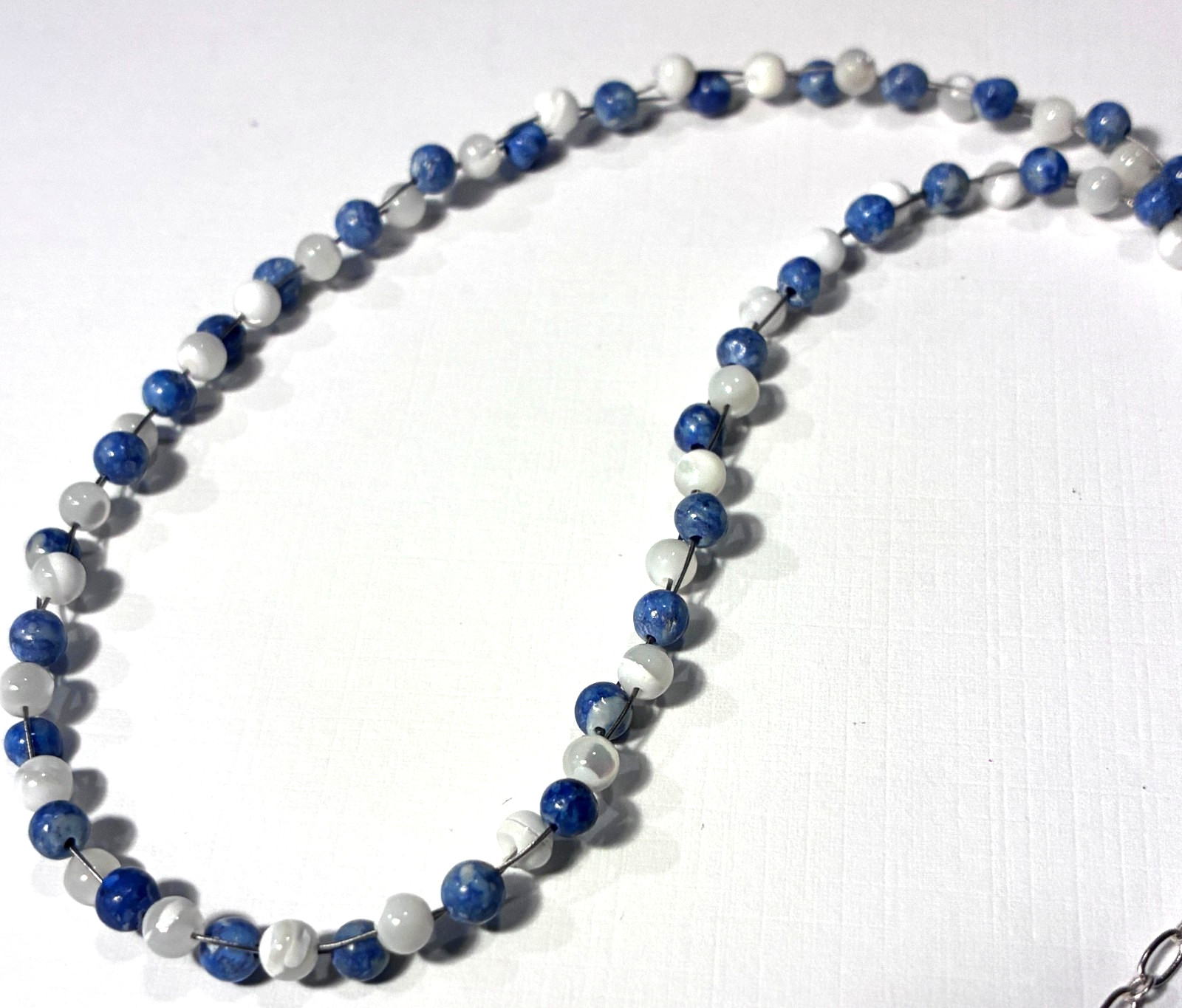 Boho Sodalite Blue & White MOP 2-strand Woven Necklace Chocker 16″-19″ Adj,