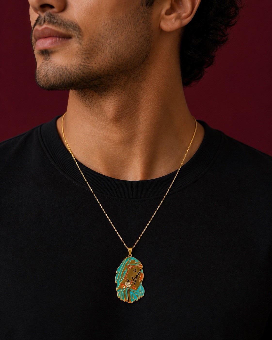 Elegant Gold Ton none tarnished none fade st. Mary Necklace Turquoise