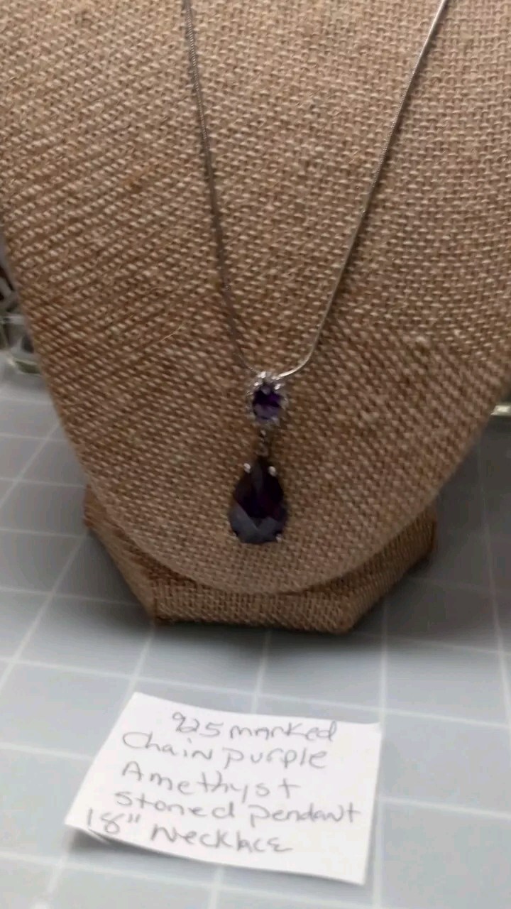 925 Marked Chain Amythest Oval,round Purple,colorless Stoned 18″necklace