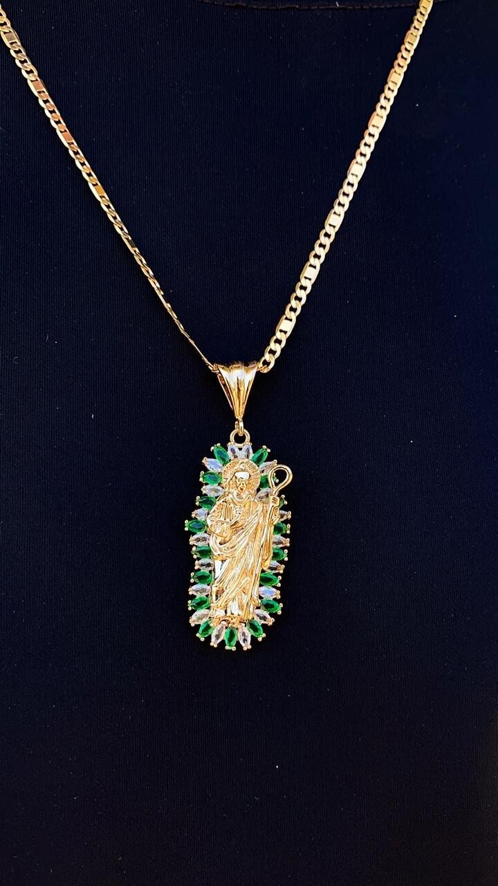 San Juditas CZ Necklace 24″ Figaro Valentino Chain Pendant Mens Adults Cadena