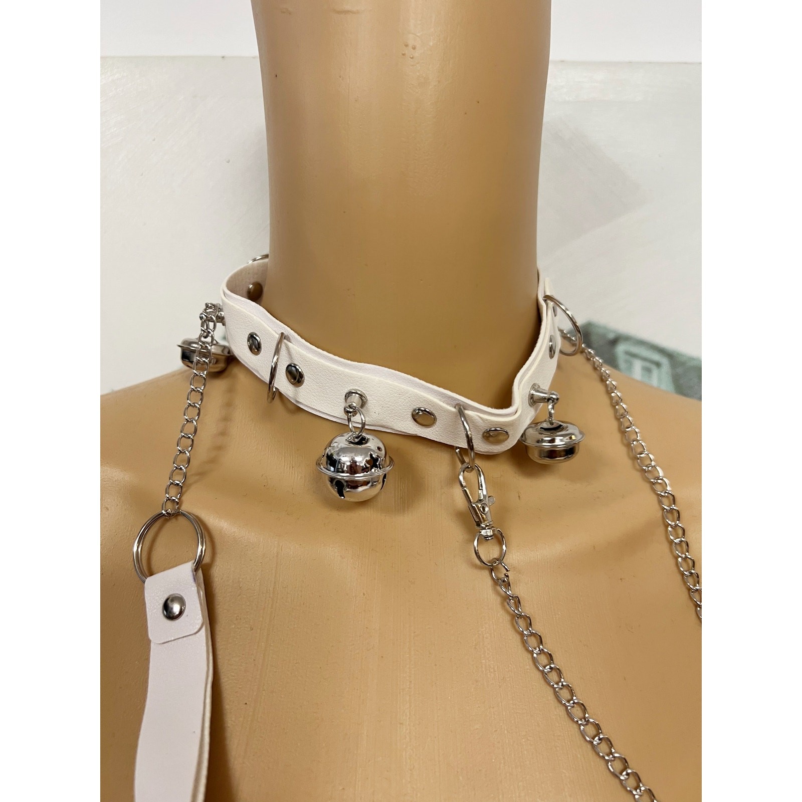 Gothic Faux Leather Choker Set with Detachable Chain Leash and Bell