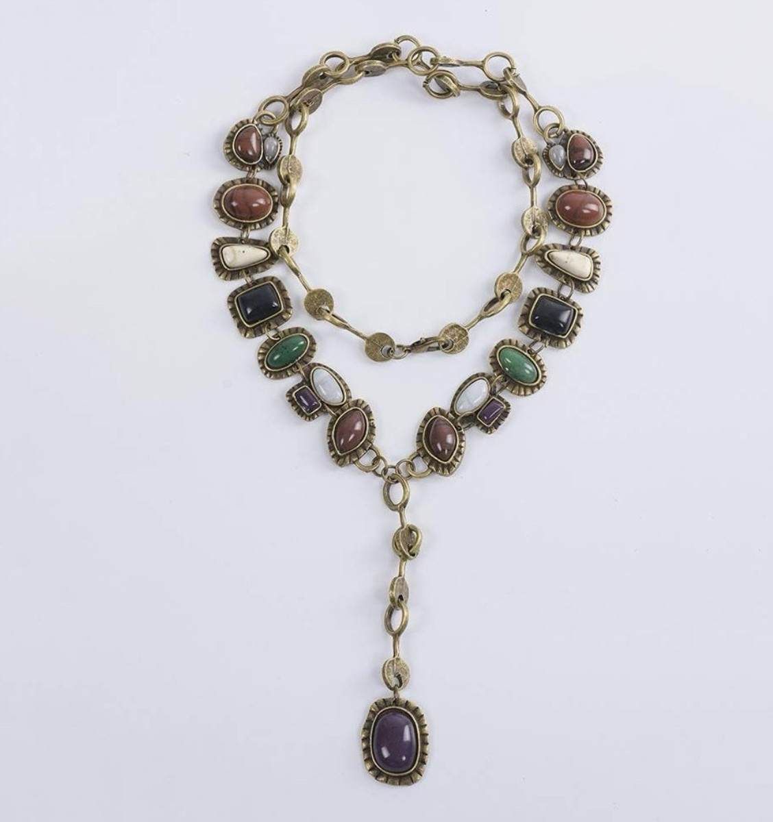 Gold Tone Multicolor Oval Bezel Charm Pendant Y-Drop Cable Necklace, Lobster