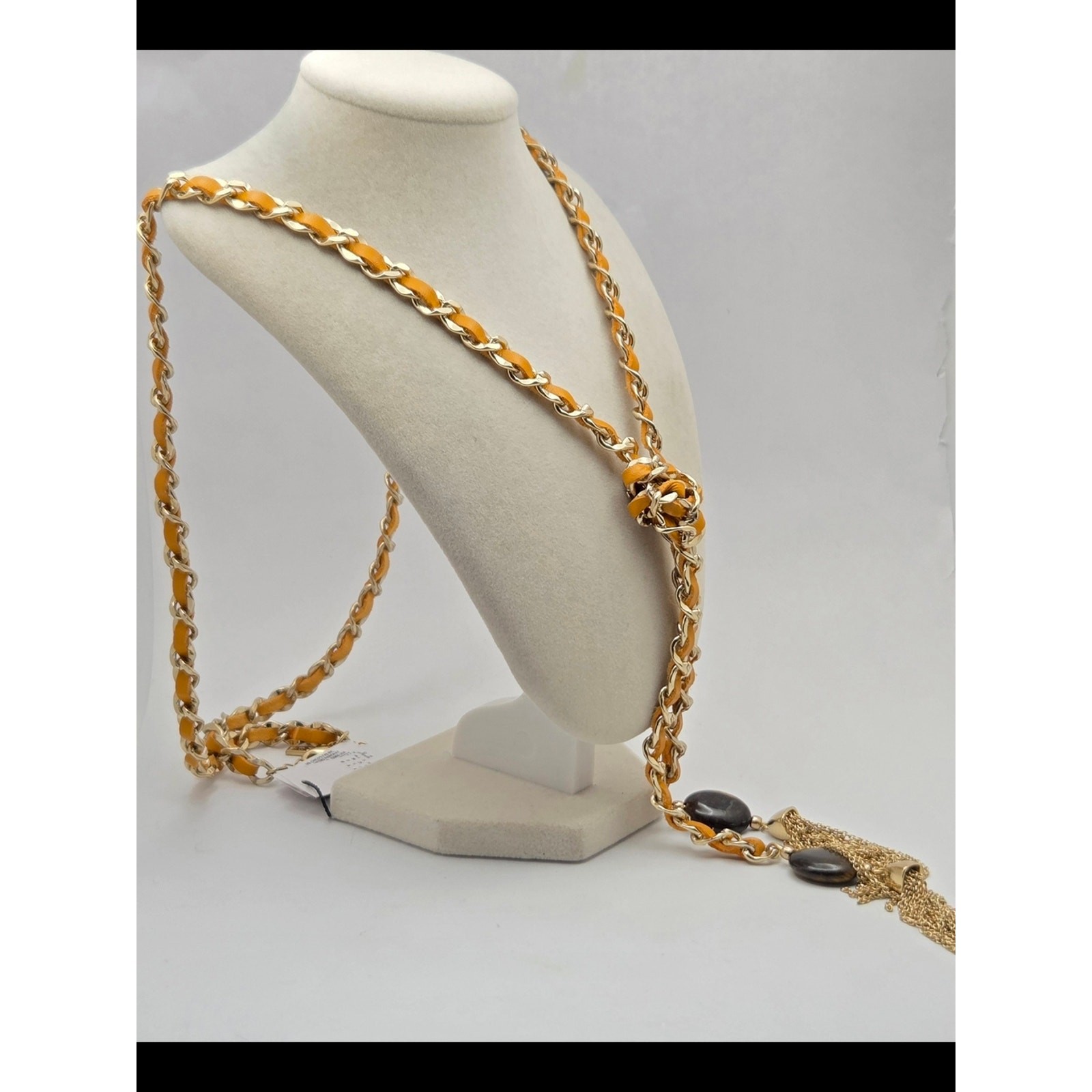 NWT White House Black Market Yellow Leather Gold Chain Lariat Tassel Necklace