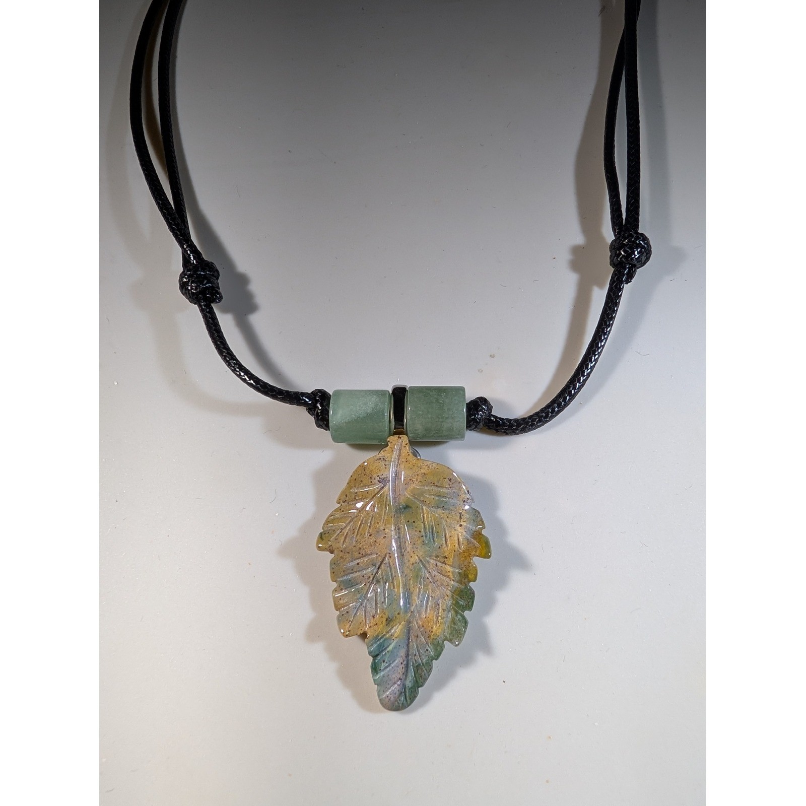 Amazonite Carved Leaf Pendant Necklace Adjustable Black Cord Boho Green Stone