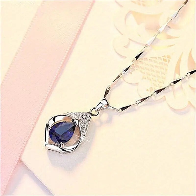 Teardrop Blue Sapphire Clavicle Necklace – Women Engagement/Wedding