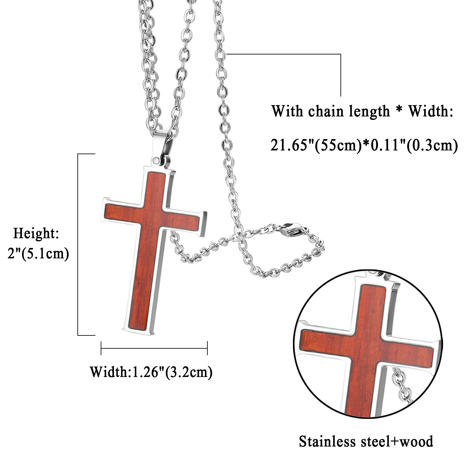 Men Women Stainless Steel Wooden Cross Pendant Chain Necklace Religious Prayer