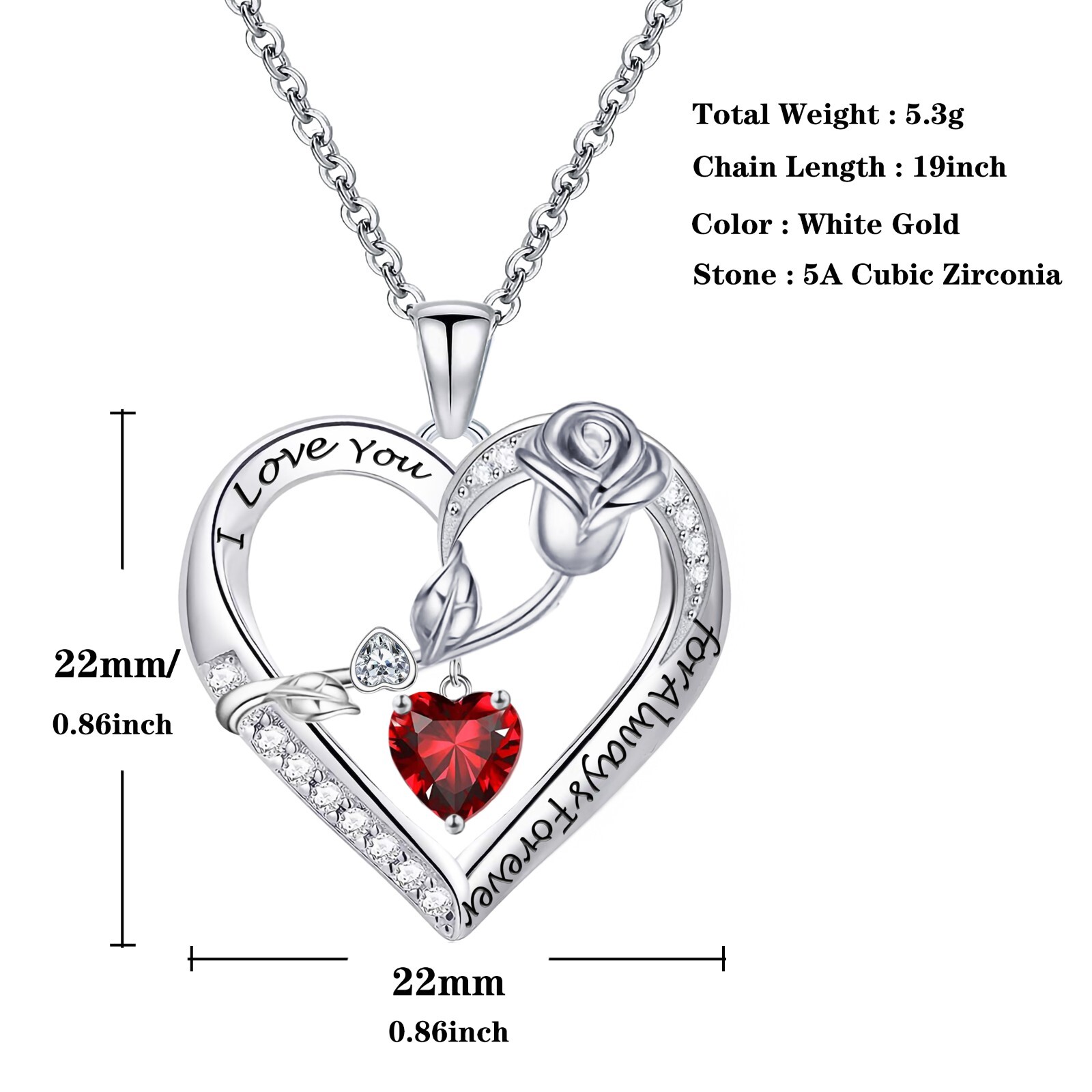 Necklac for Women White Gold Plated 5A Heart CZ Rose Engraved Necklace