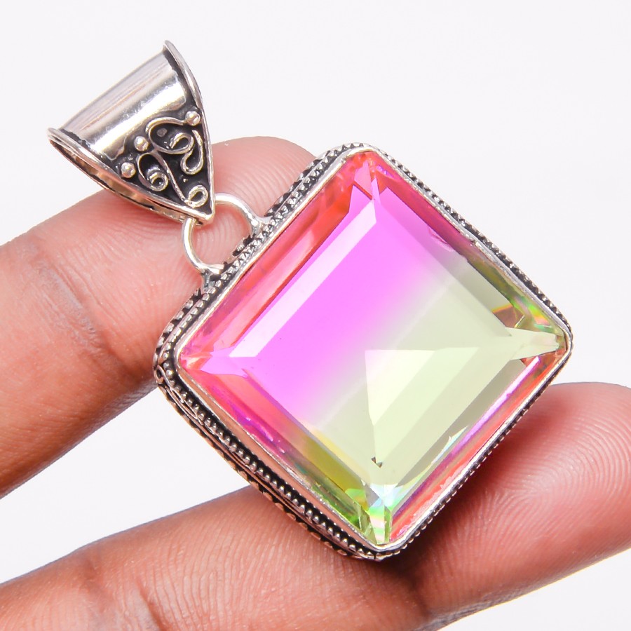 Bi-Color Tourmaline Gemstone 925 Silver Plated Pendant Jewelry 1.8″ S2632