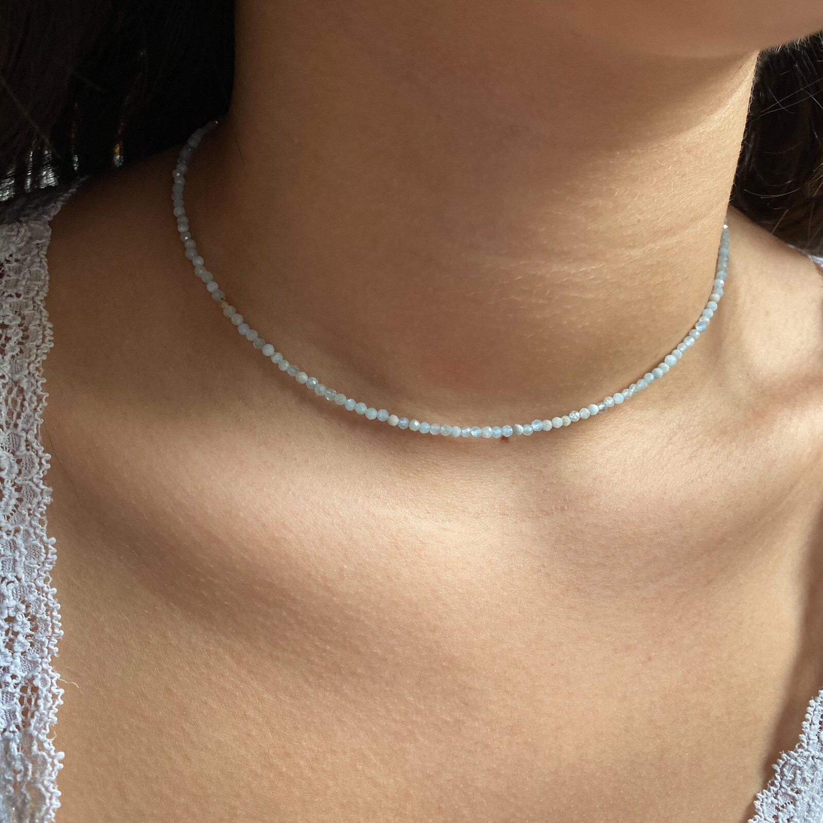 Blue Aquamarine Choke Necklace Tiny 2mm Beaded r Healing Delicate Women Crystal
