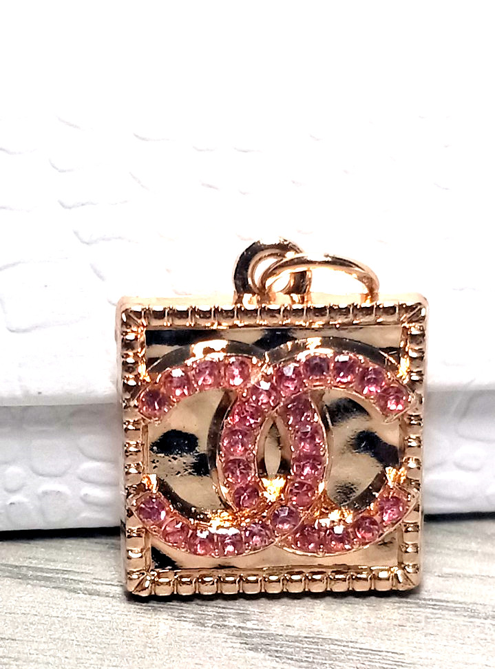 Designer Pink Rhinestones & Gold Tone, Zipper Pull Button Charm pendant