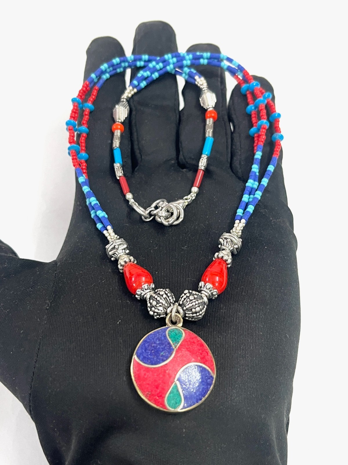 Ethnic Coral Lapis Gemstone Tibetan Art Deco Necklace Jewelry, 17 inch Adjus