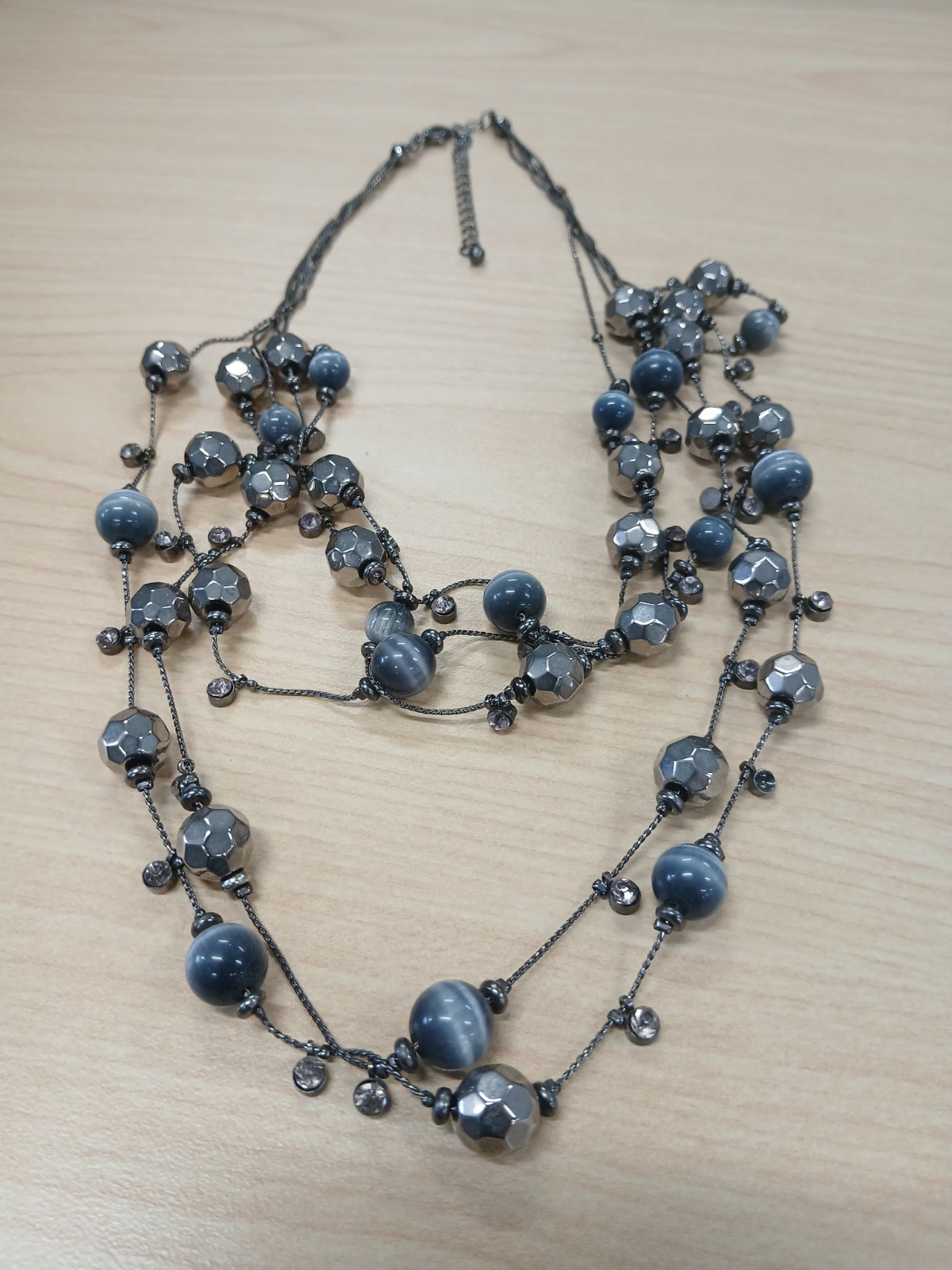 Blue Glass Round Bead Multi-Strand Statement Necklace Crystal Silver Lobster