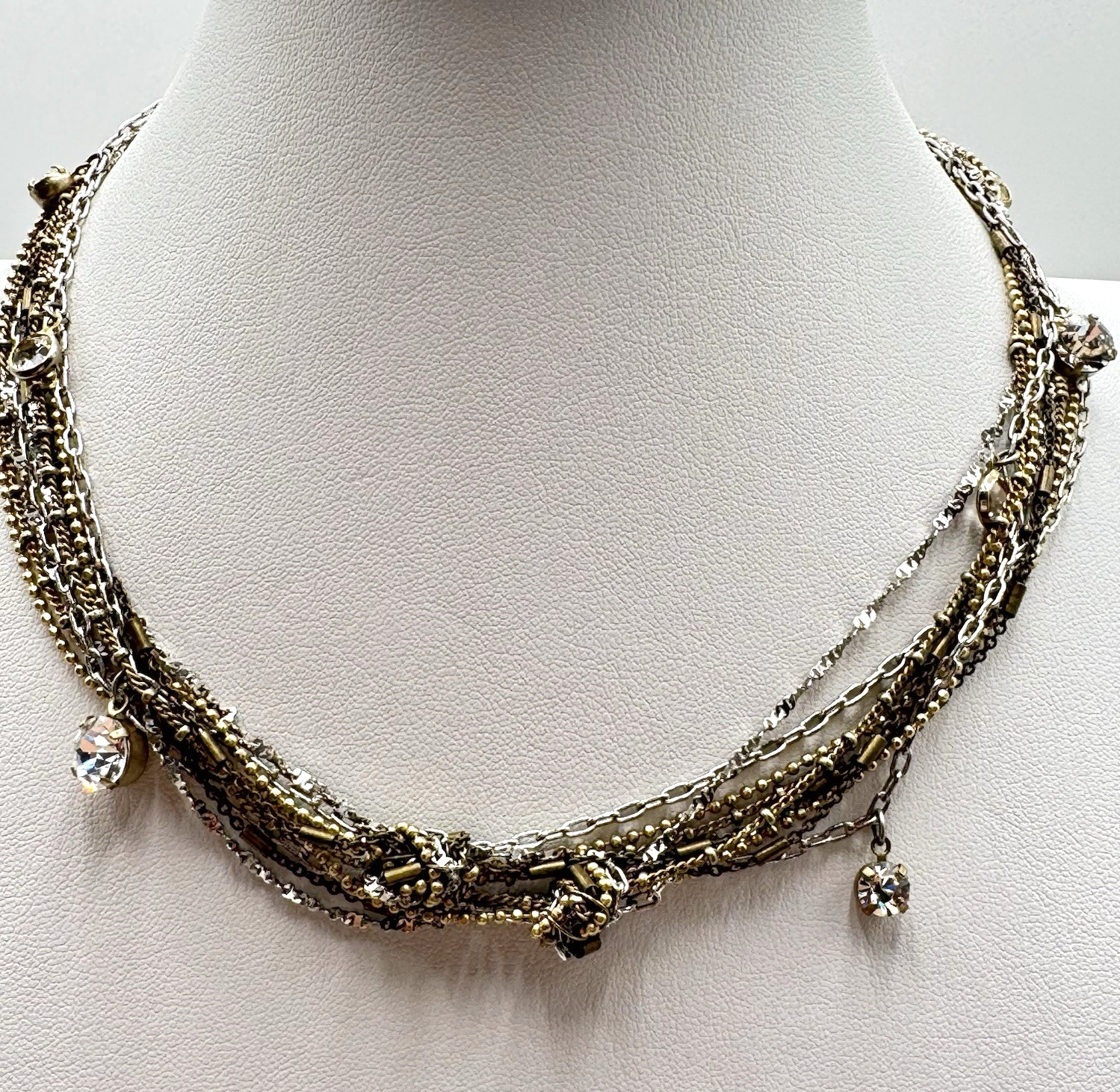 Ann Taylor Loft Necklace Multi Chain Gold Silver Tone Glass Faceted Rhinestones