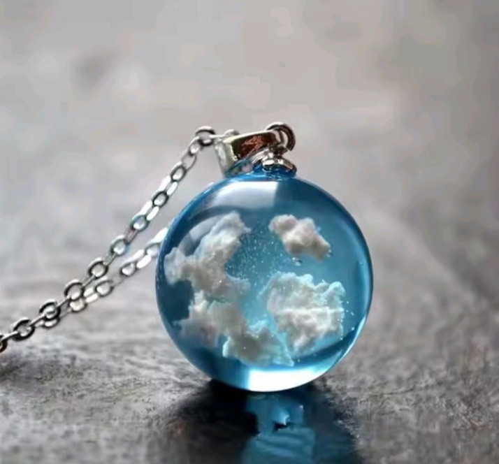 Blue Sky White Cloud Resin Ball Pendant Necklace Round Chain Gift for Women