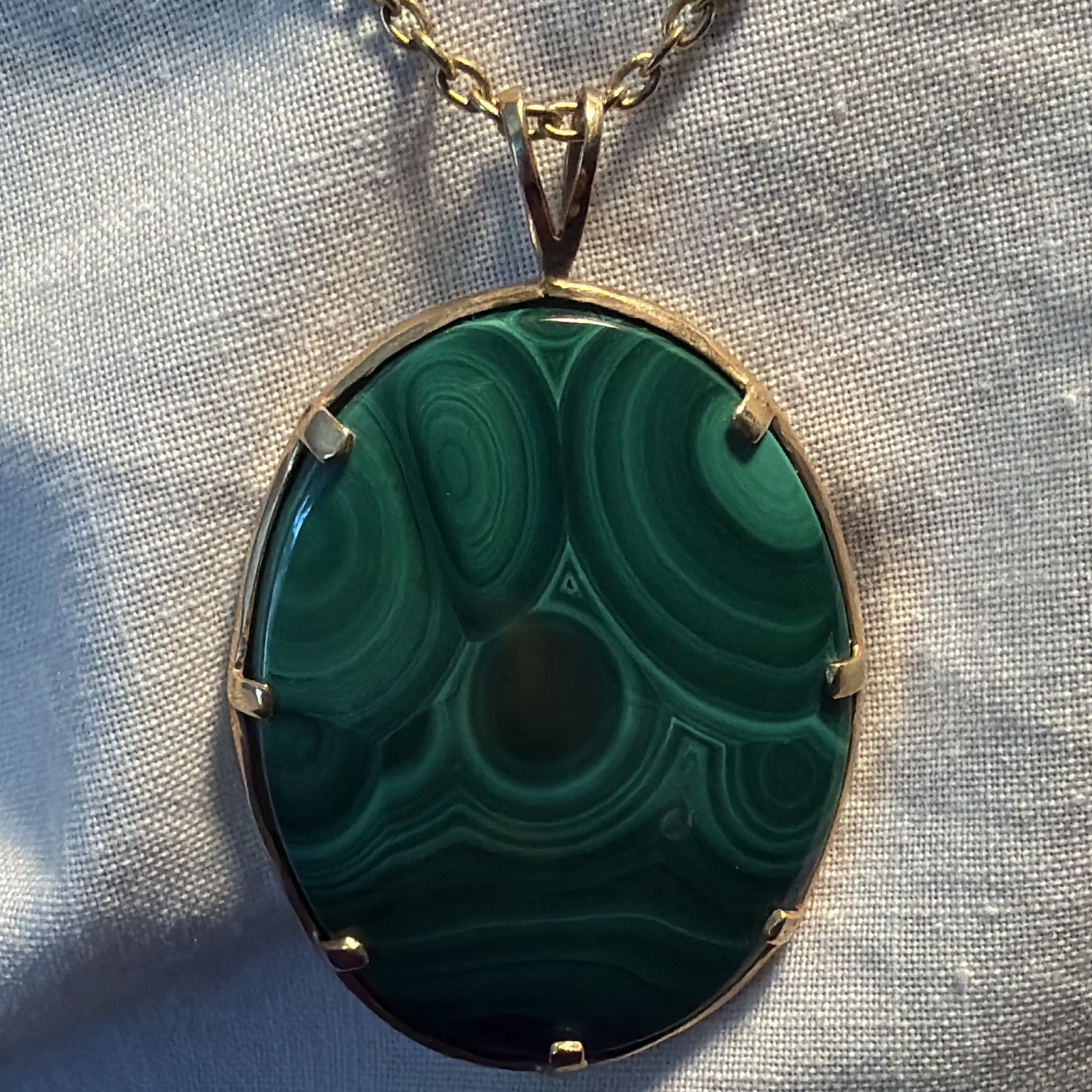 Yellow Gold Cable Chain Necklace, Natural Green Oval Malachite Pendant