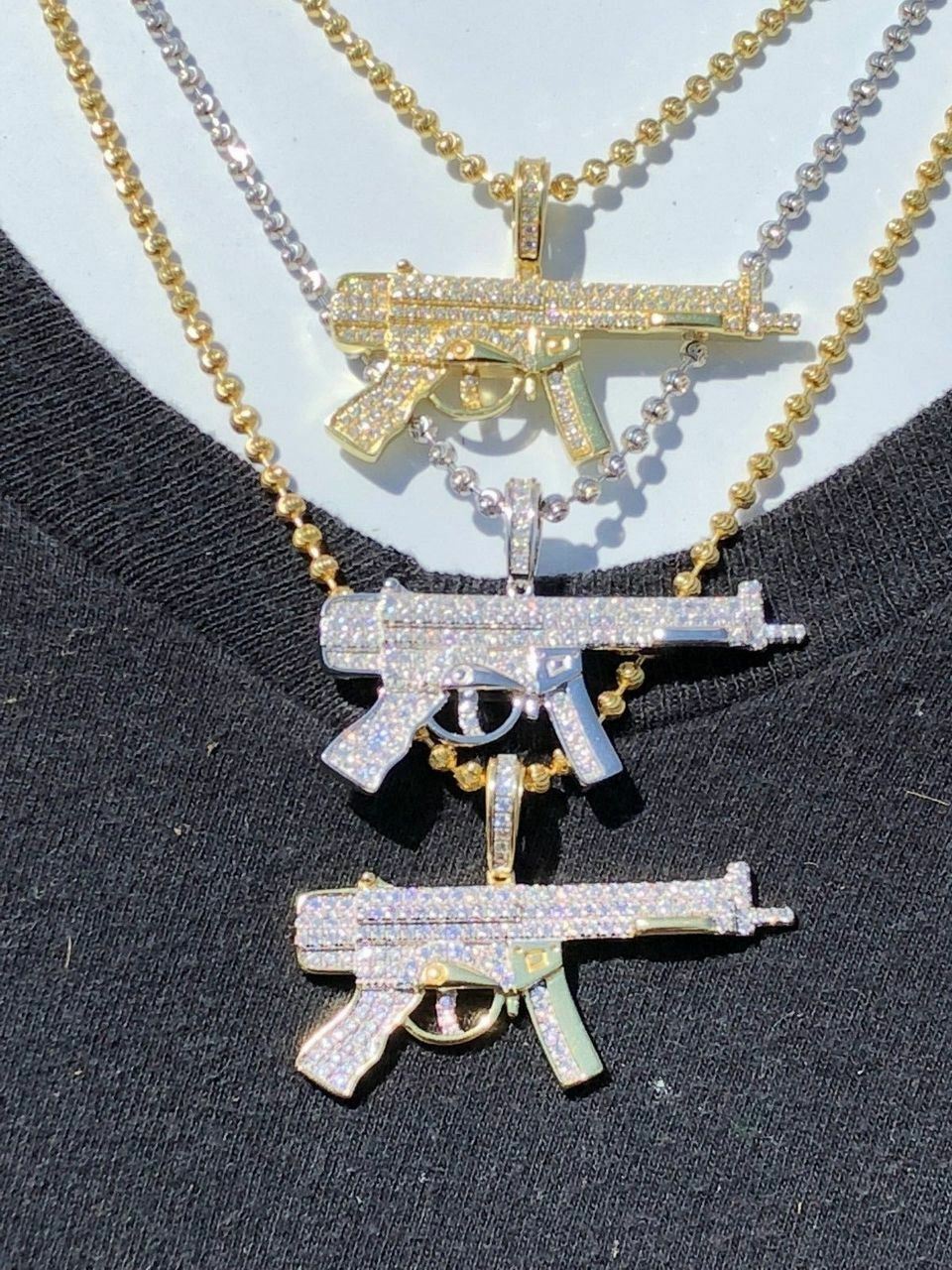 Real Solid 925 Silver AK-47 Machine Gun CZ Piece Super Icy Pendant W. Chain