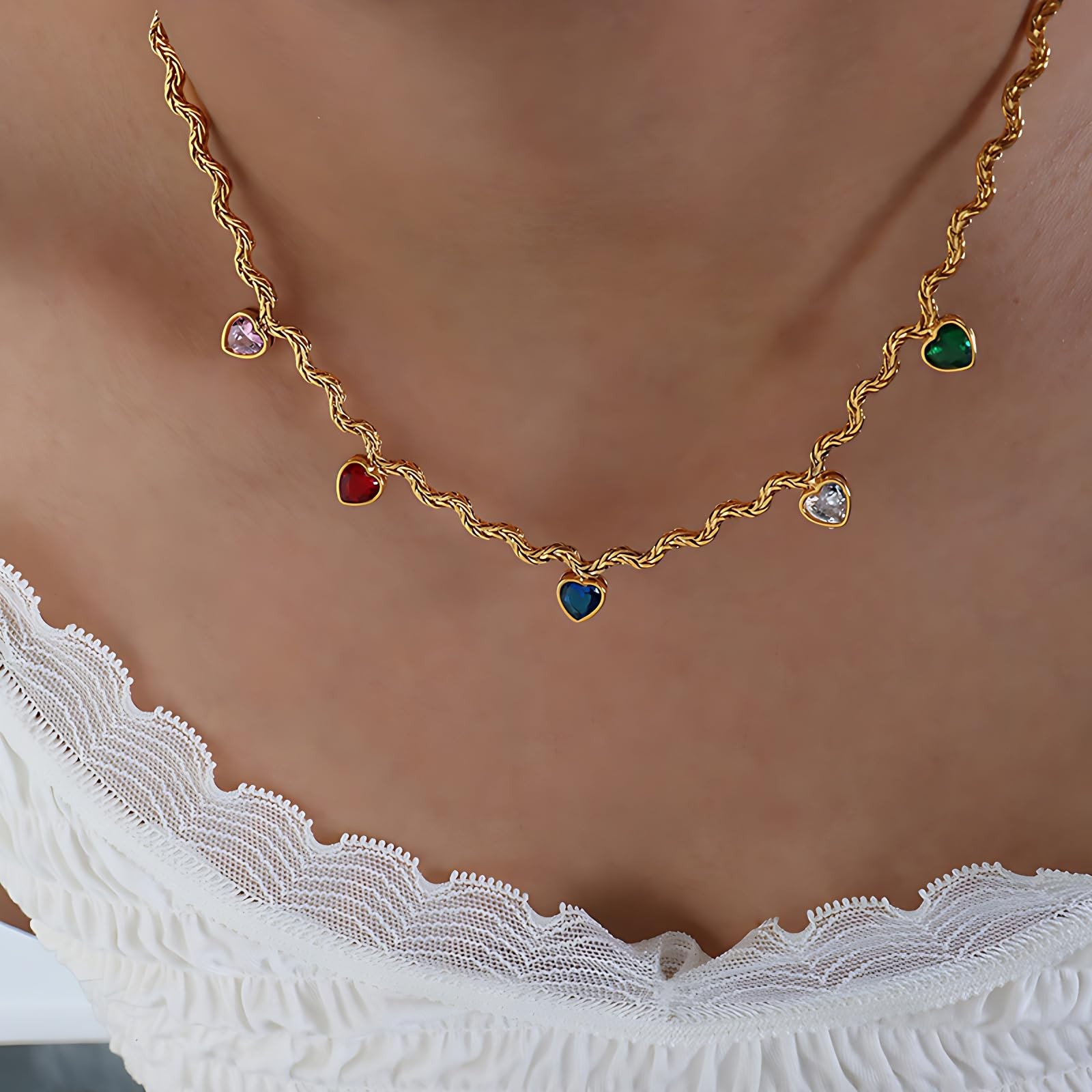 Womens Heart Shaped Gemstone Necklace for – Colorful Multi-Stone Pendant with…