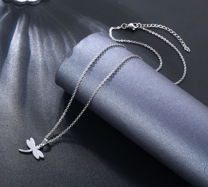 Punk Silver Titanium S.Steel Dragonfly Pendant Chain Necklace