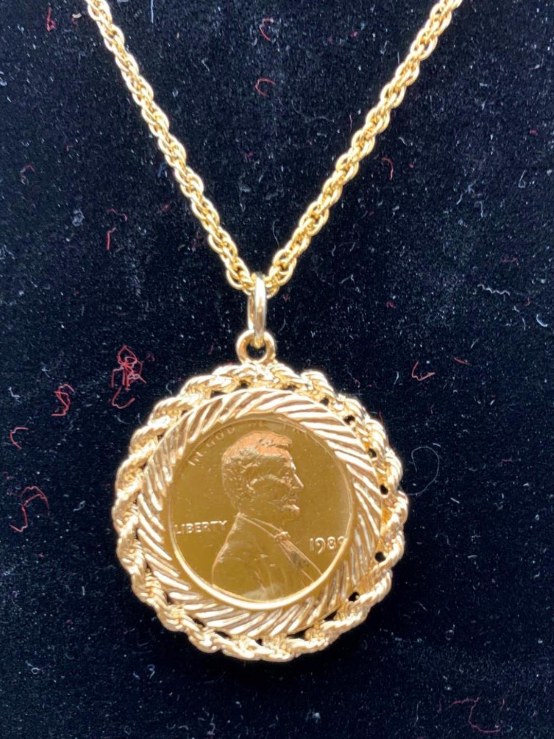 14 KT GOLD PLATED GENUINE US PENNY COIN W/ 18″ 14KT GOLD PLATED ROPE CHAIN