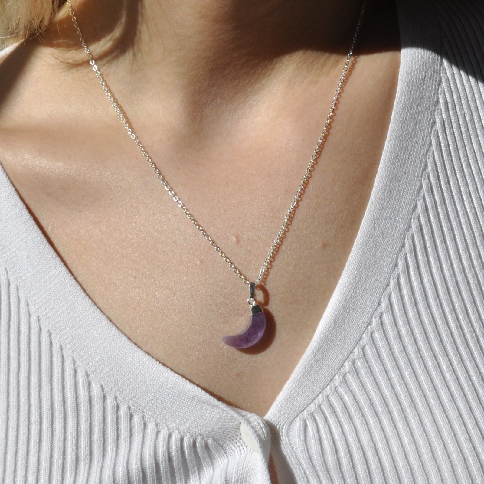 Amethyst Crystal Moon Pendant Necklace on silver plated chain 45cms brand NEW