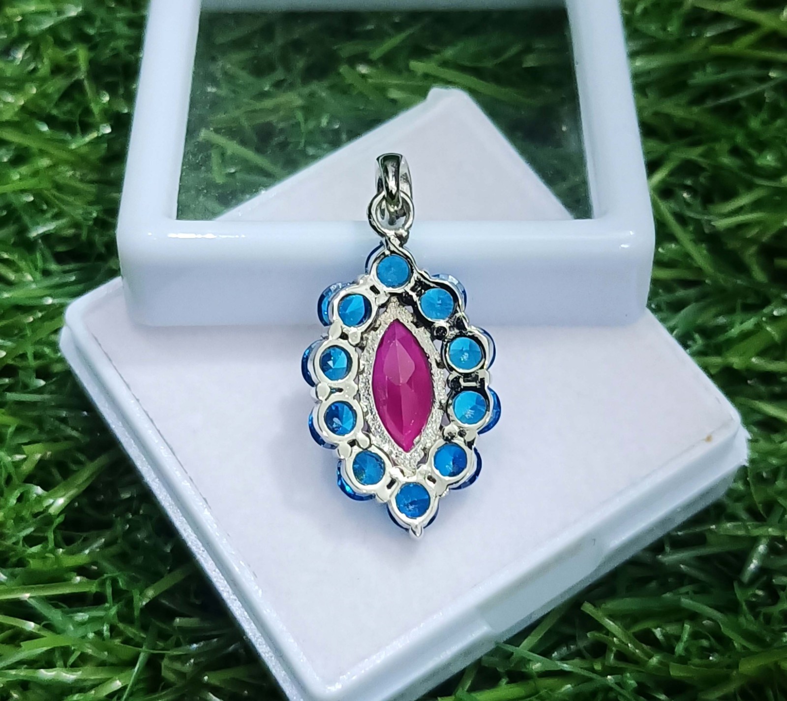 15 Ct Ruby Marquise Cut & Blue Sapphire Pendant 925 Sterling Silver With Chain