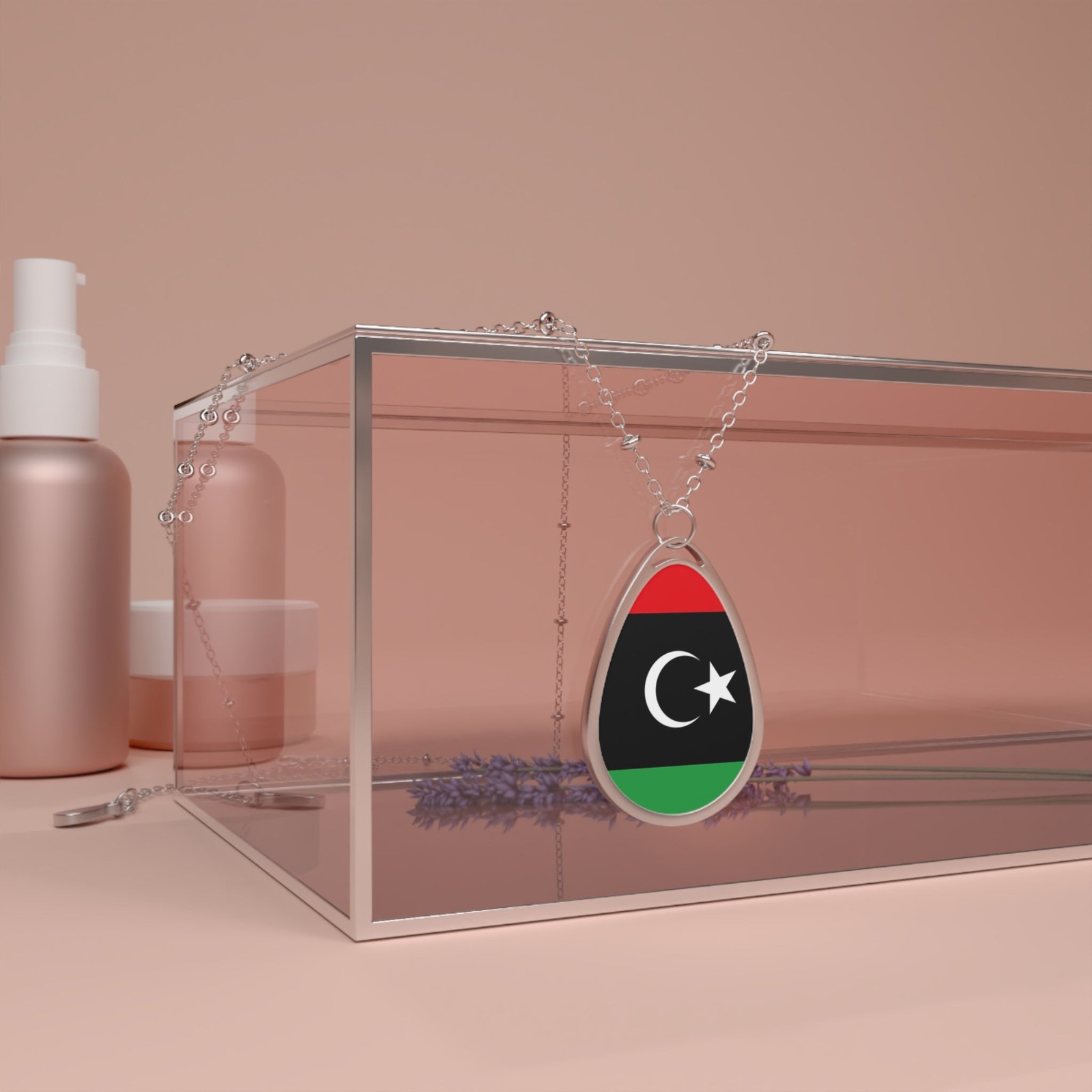 Libya Flag Oval Necklace – Libyan Heritage Pendant – One Size / Silver