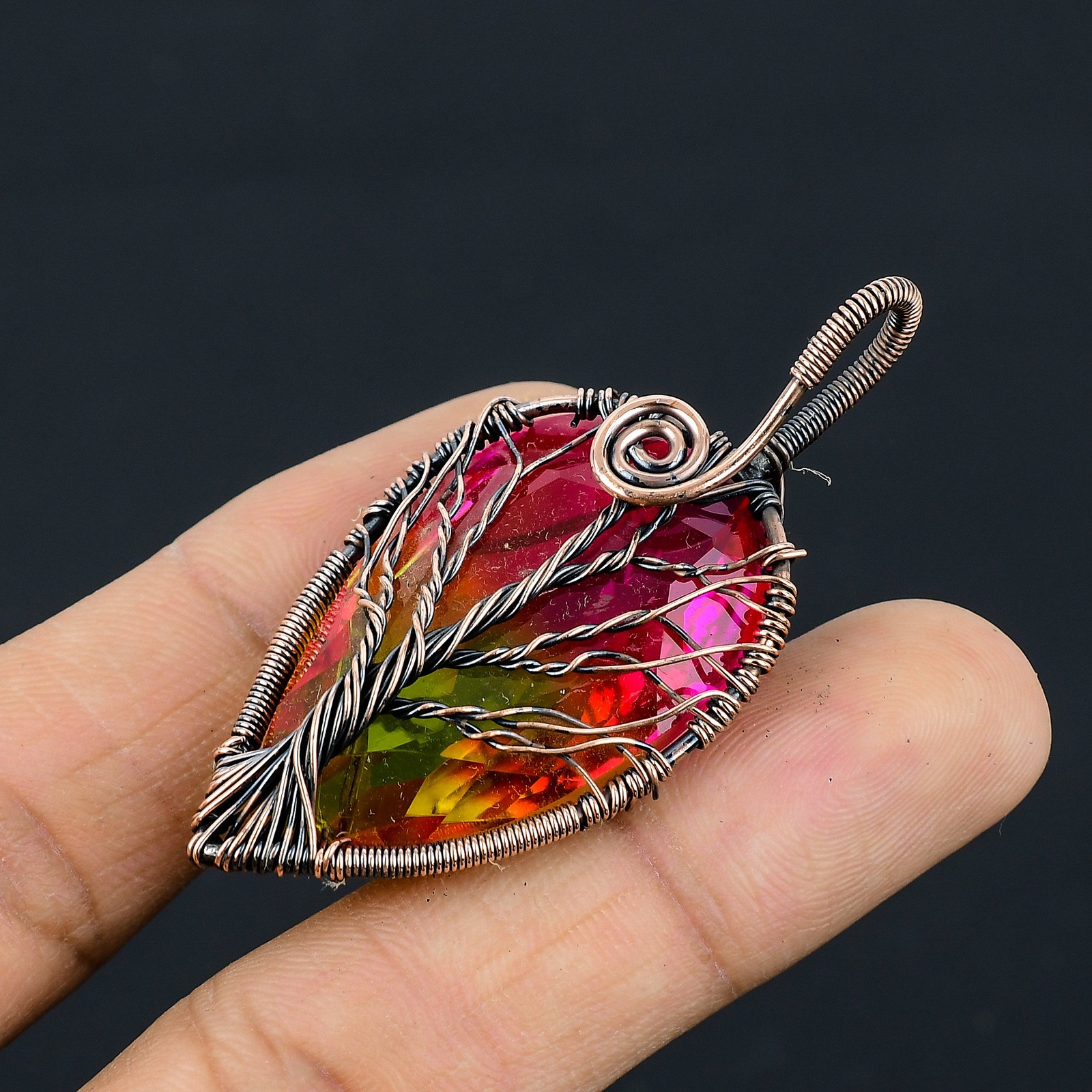 Bi Color Tourmaline Gemstone Copper Wire Wrap Jewely Pendant 2.4″ N053