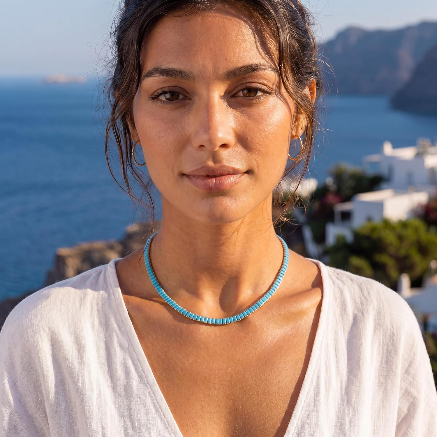 Turquoise Tennis Choker Necklace for Women, 14K Gold Plated Western Boho Vintage